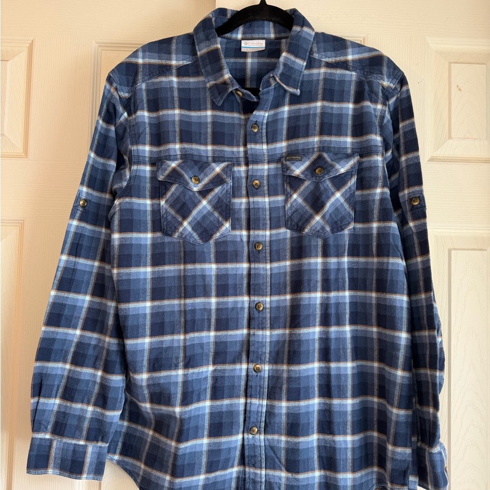 Columbia Cornell Woods Men's Flannel Shirt Blue with Brown Plaid, Size Large